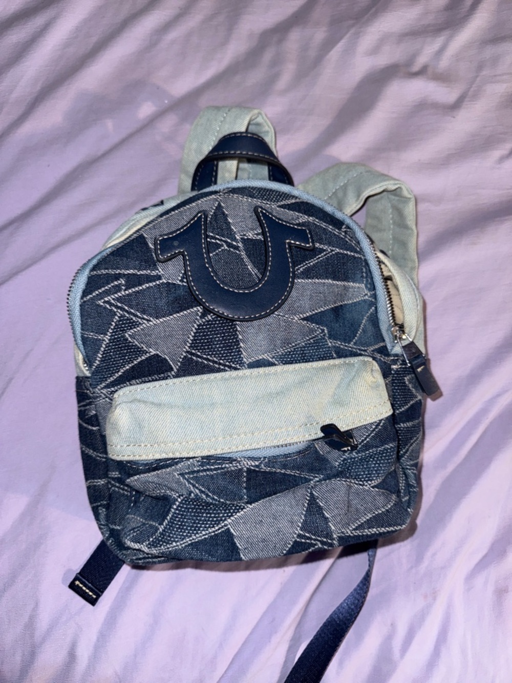 True Religion Patch Logo Denim Backpack in Dark Blue and Light Blue